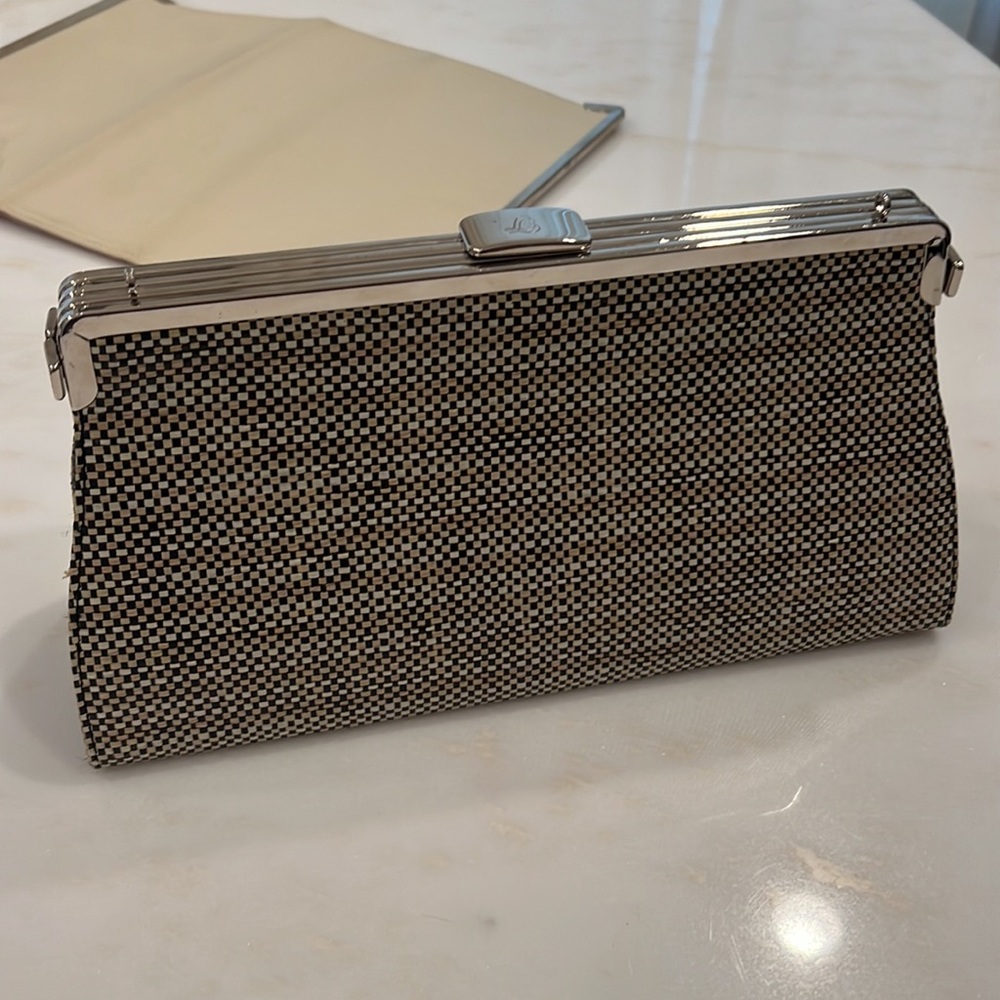 tallula Tate 3 in 1 black satin clutch with 2 addl interchangeable covers. 10x6.